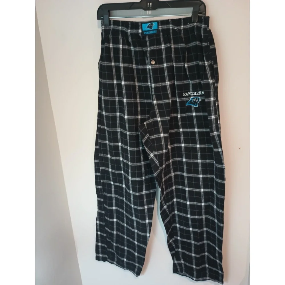 Reebok Carolina Panthers Mens XL Flannel Pajama Pants Plaid Lounge Sleep Black